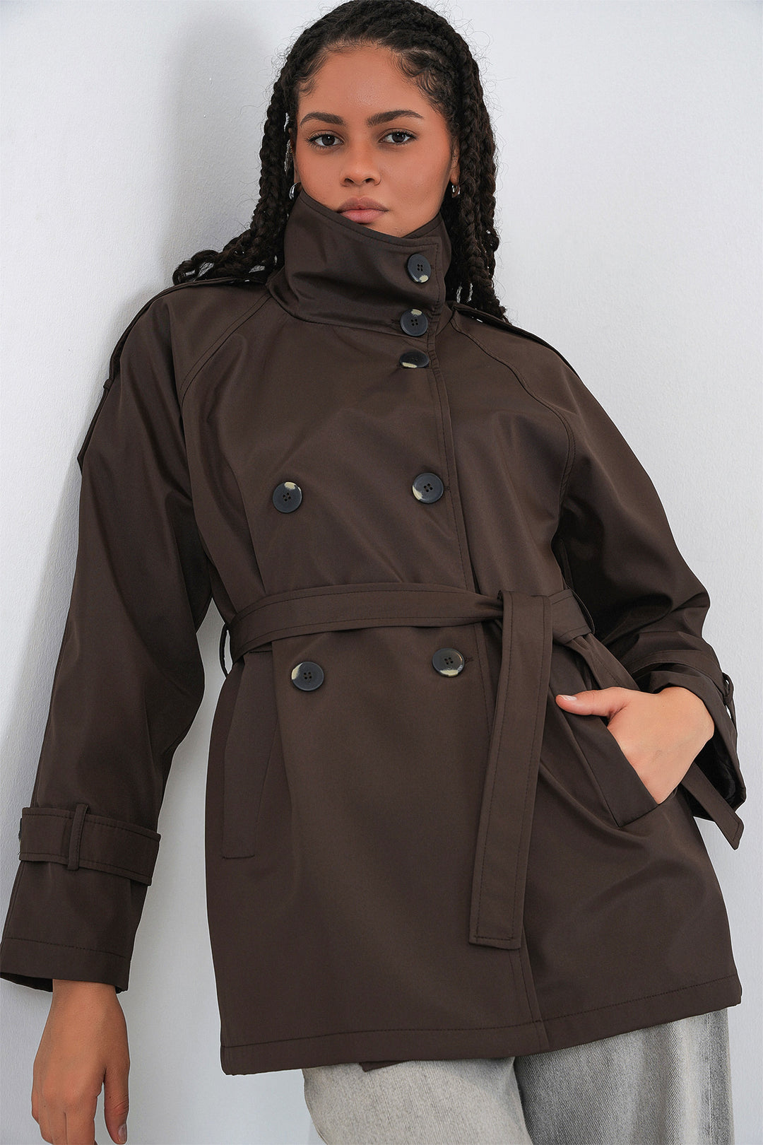 Bigdart Veste trench courte à col croisé pour femme 5980 - Marron