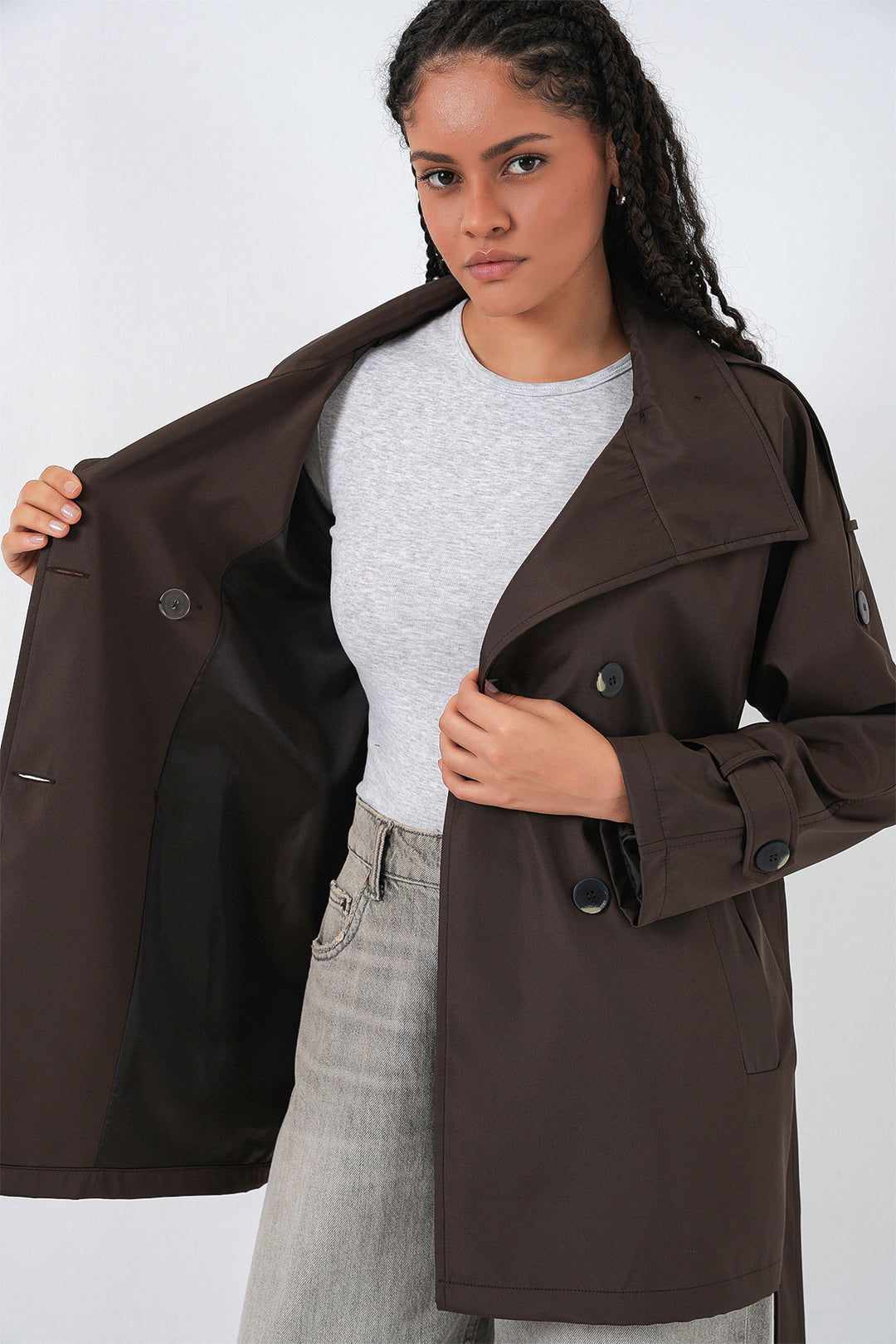 Bigdart Veste trench courte à col croisé pour femme 5980 - Marron