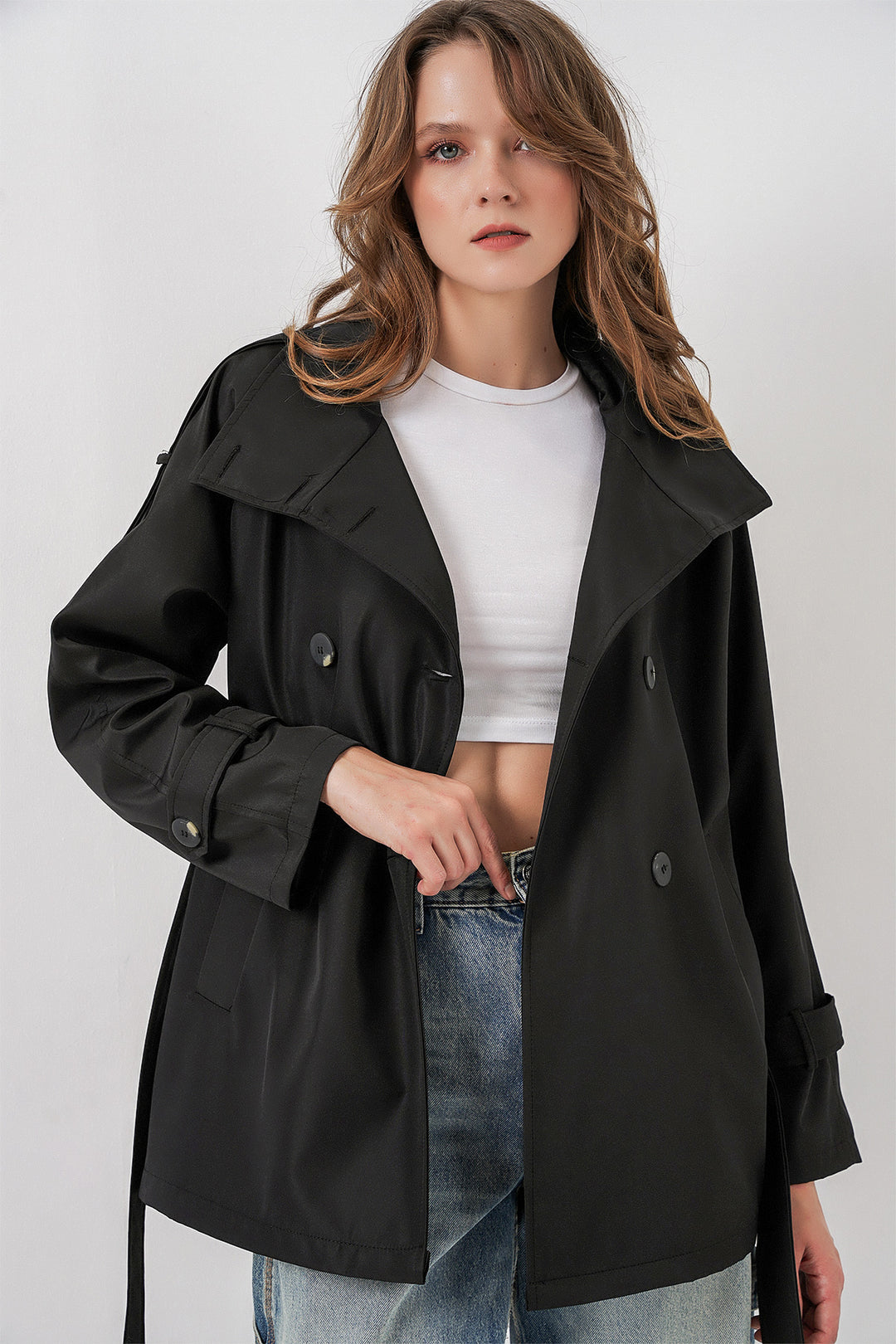 Bigdart Trench court à col croisé pour femme 5980 - Noir