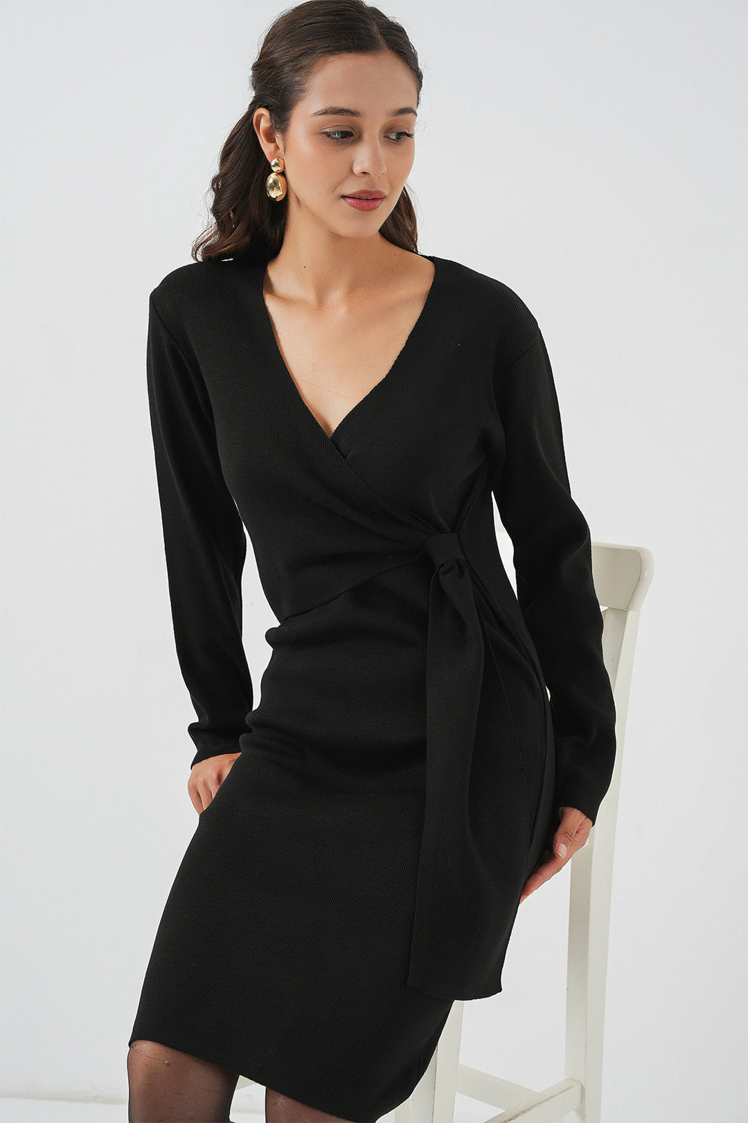 Bigdart Robe en tricot à col croisé pour femme 15928 - Noir