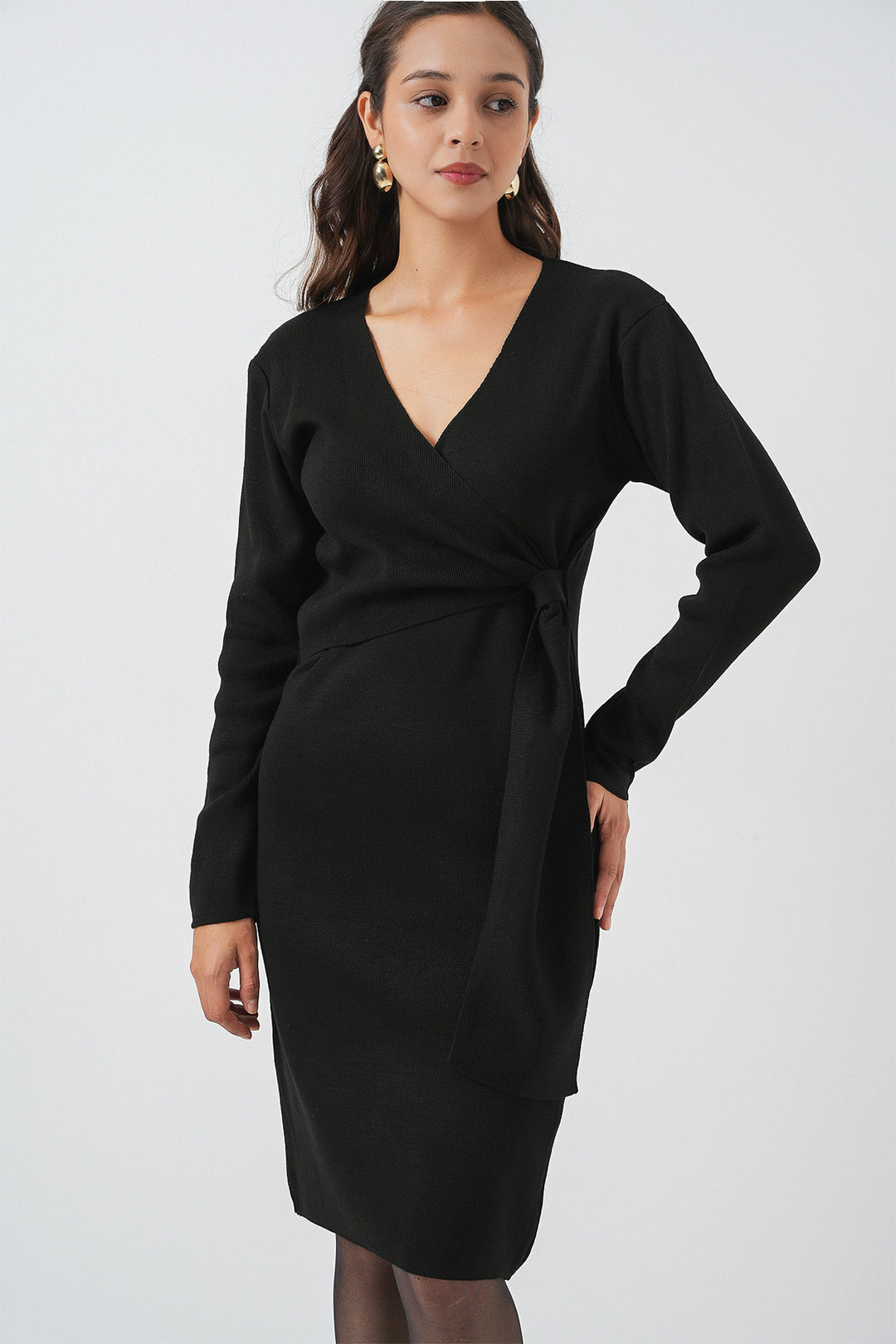 Bigdart Robe en tricot à col croisé pour femme 15928 - Noir