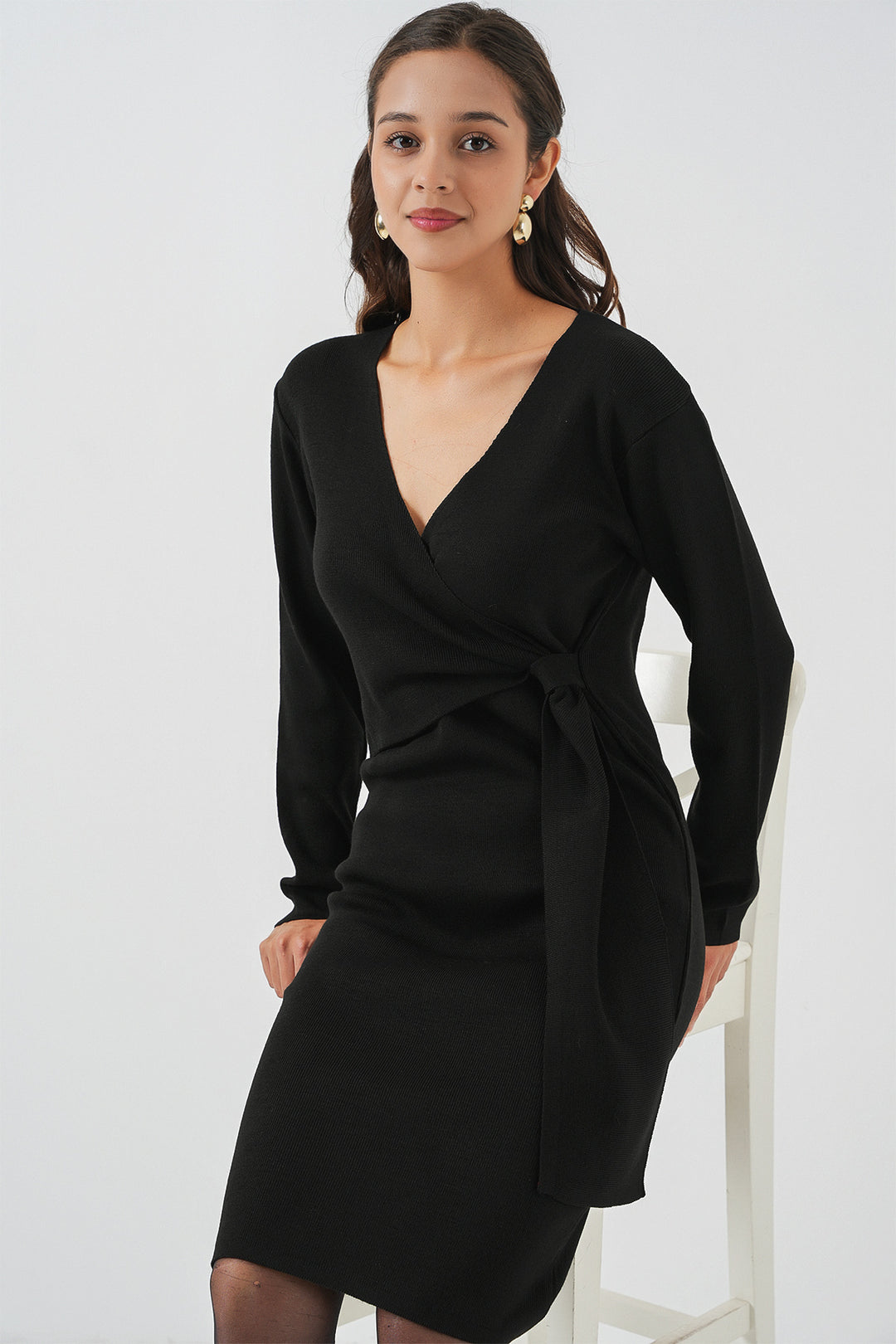 Bigdart Robe en tricot à col croisé pour femme 15928 - Noir
