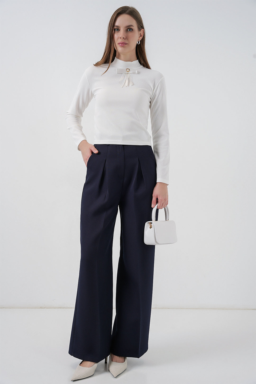 Bigdart Blouse à manches longues avec détail en ruban pour femme 977 - Blanc