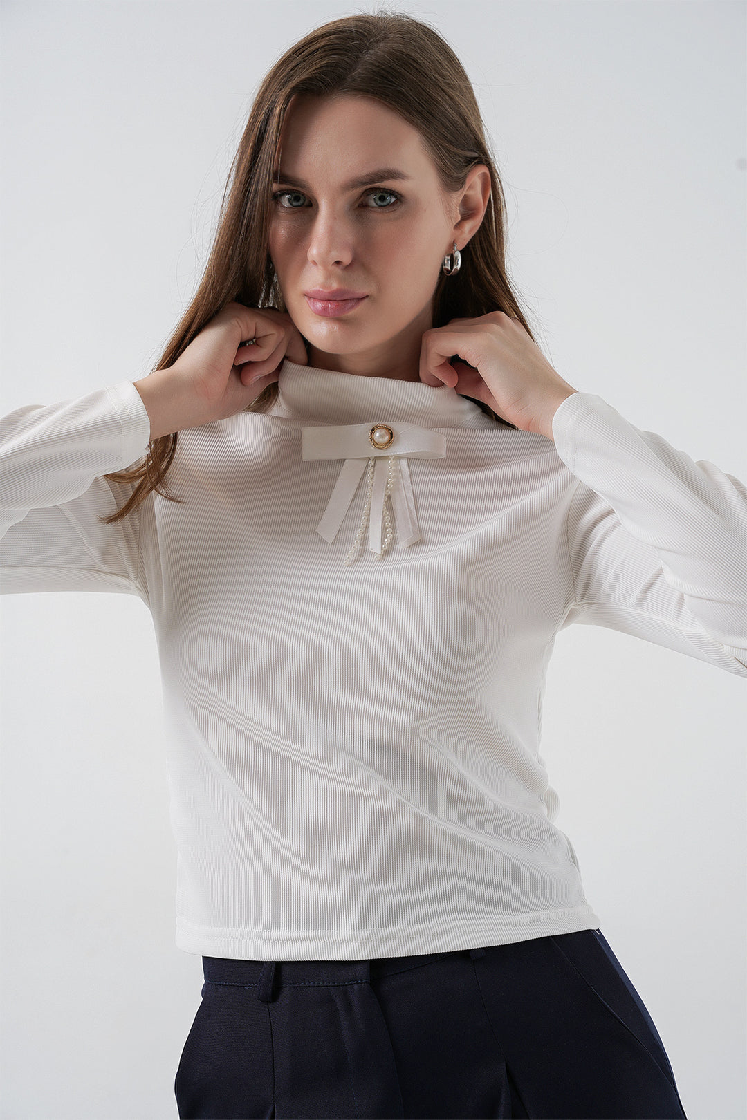 Bigdart Blouse à manches longues avec détail en ruban pour femme 977 - Blanc