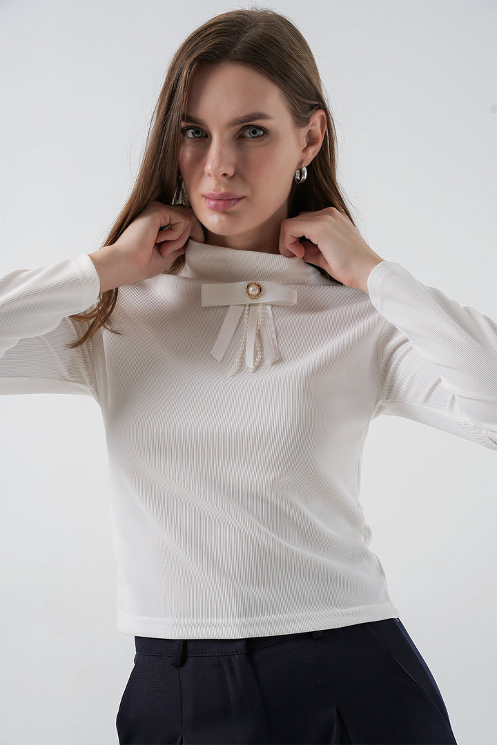 Bigdart Blouse à manches longues avec détail en ruban pour femme 977 - Blanc