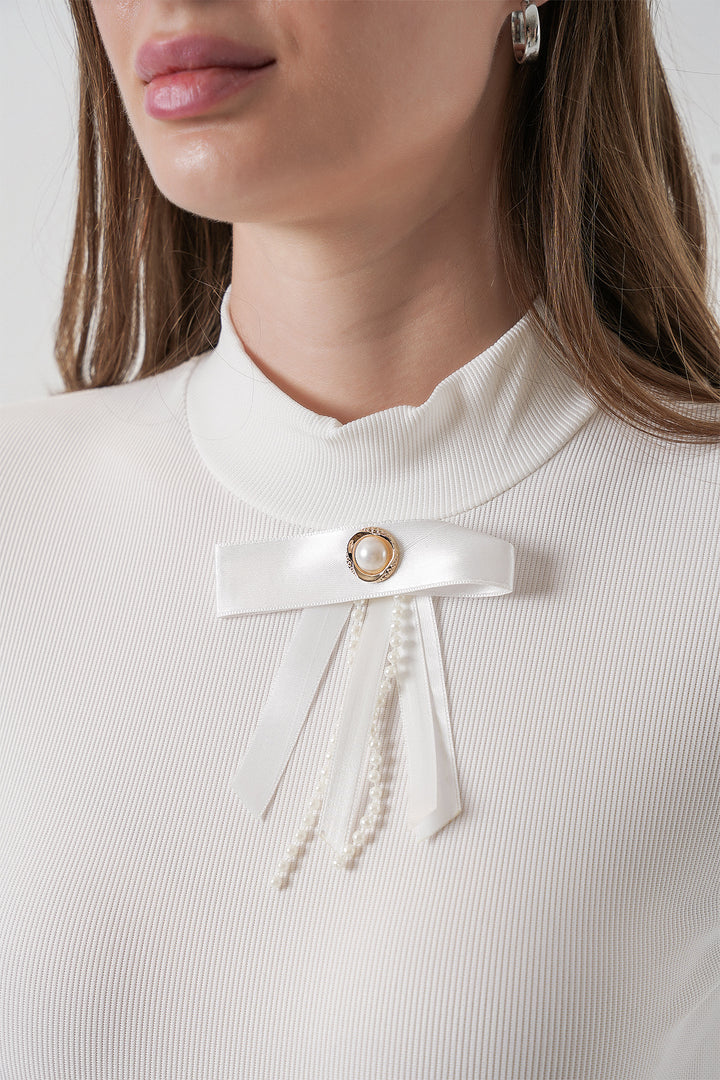 Bigdart Blouse à manches longues avec détail en ruban pour femme 977 - Blanc