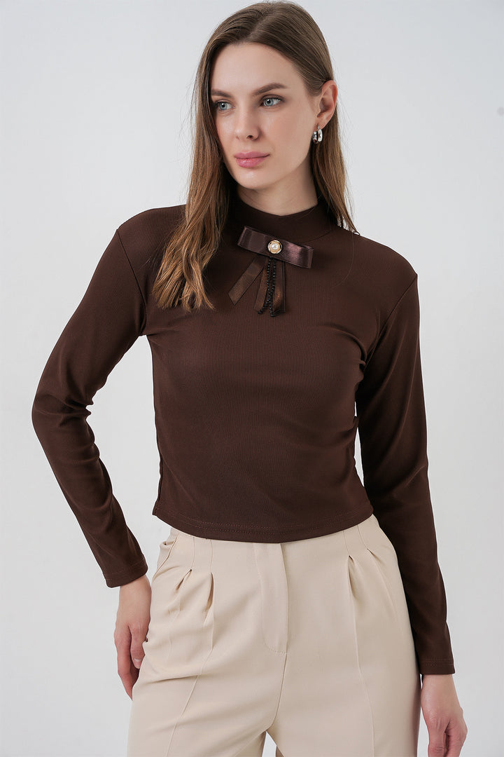 Bigdart Blouse à manches longues avec détail en ruban pour femme 977 - Marron
