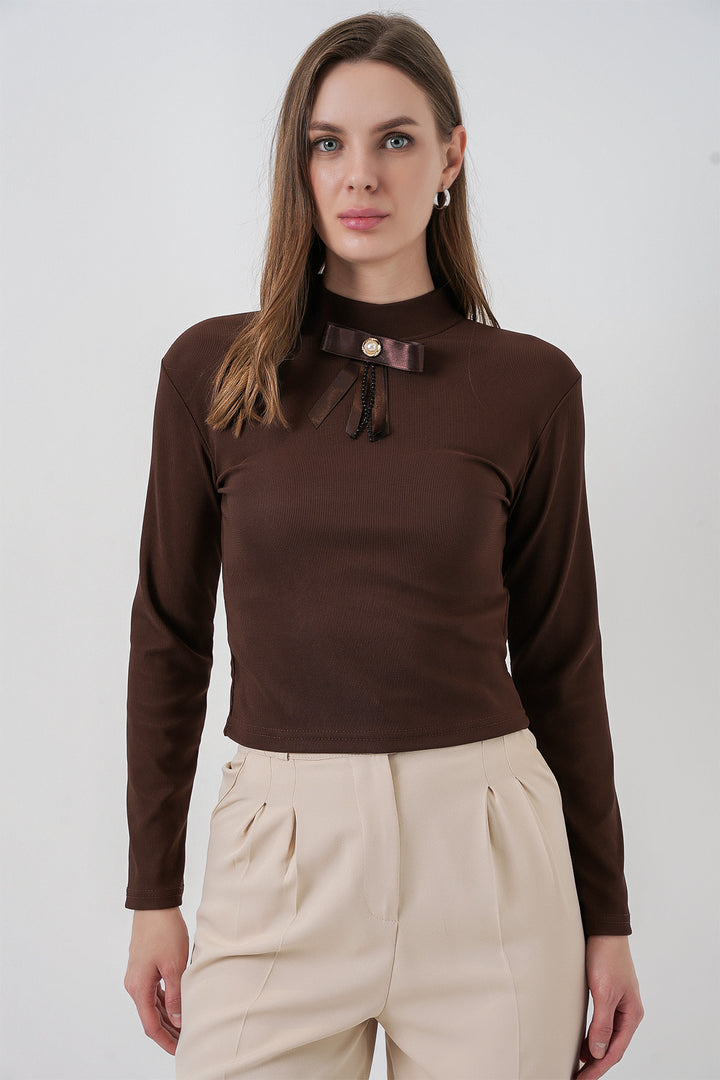 Bigdart Blouse à manches longues avec détail en ruban pour femme 977 - Marron