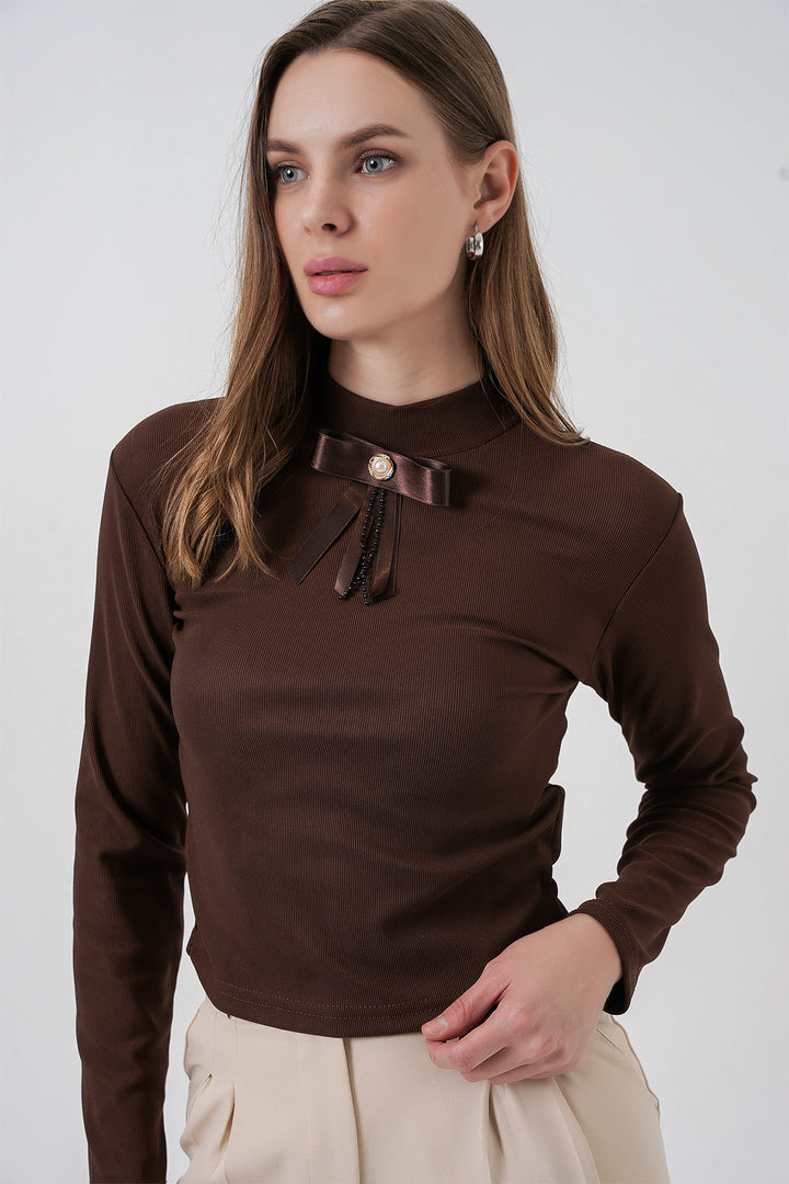 Bigdart Blouse à manches longues avec détail en ruban pour femme 977 - Marron