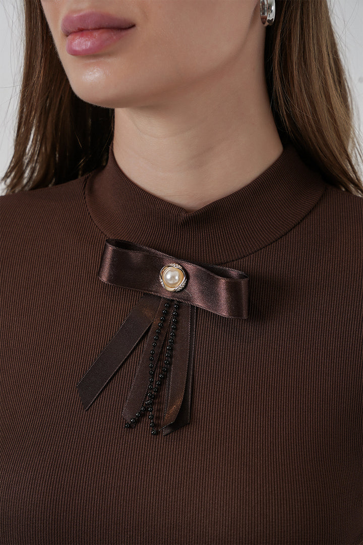 Bigdart Blouse à manches longues avec détail en ruban pour femme 977 - Marron