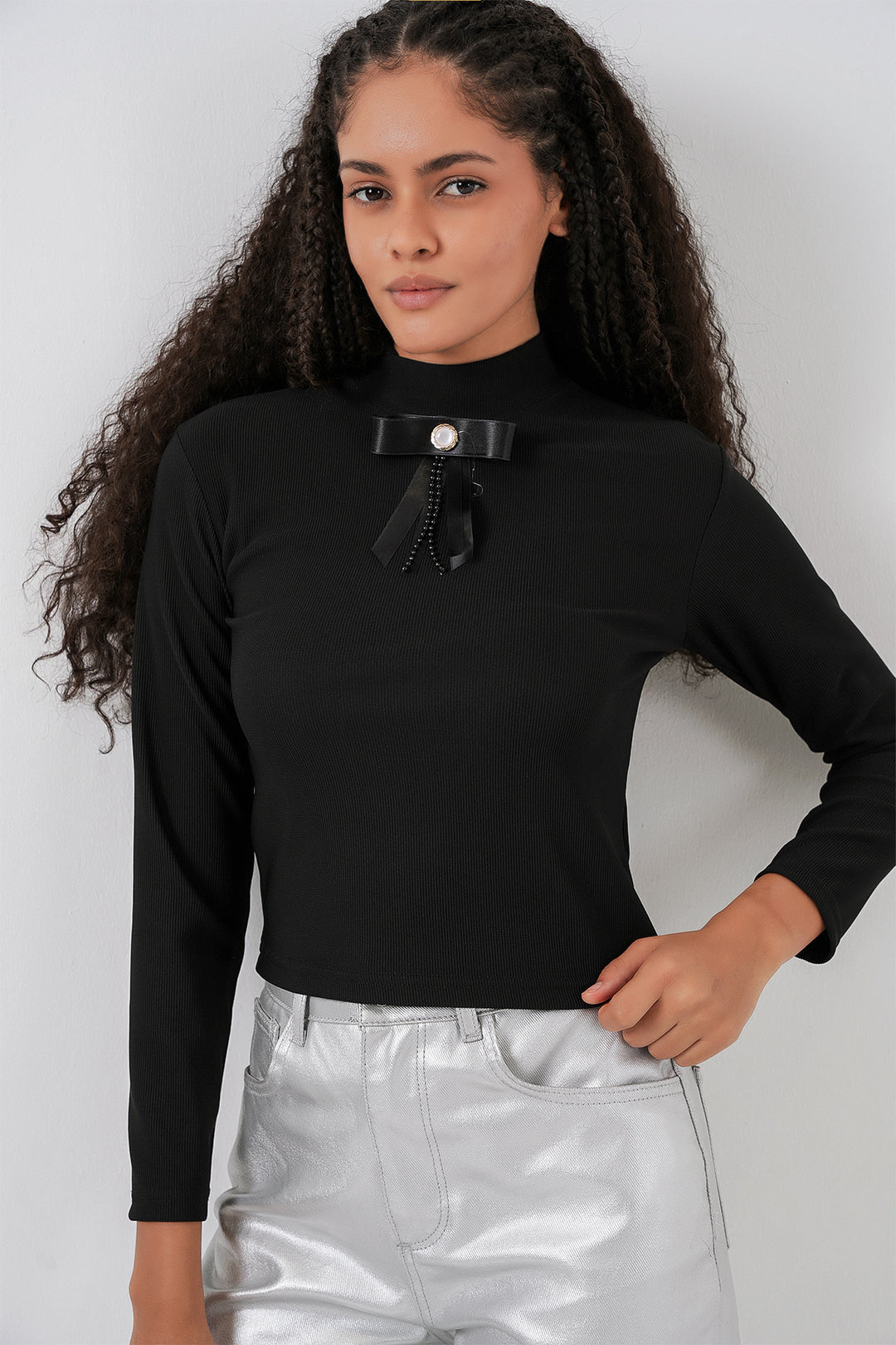 Bigdart Blouse à manches longues avec détail en ruban pour femme 977 - Noir