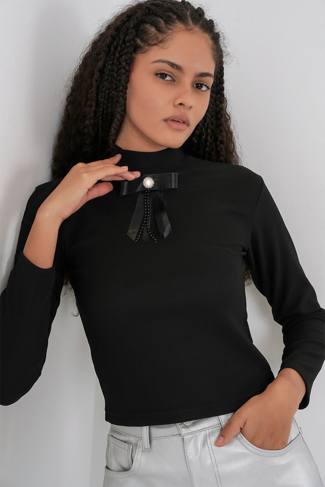 Bigdart Blouse à manches longues avec détail en ruban pour femme 977 - Noir