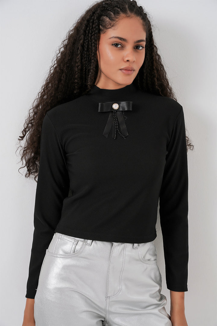 Bigdart Blouse à manches longues avec détail en ruban pour femme 977 - Noir