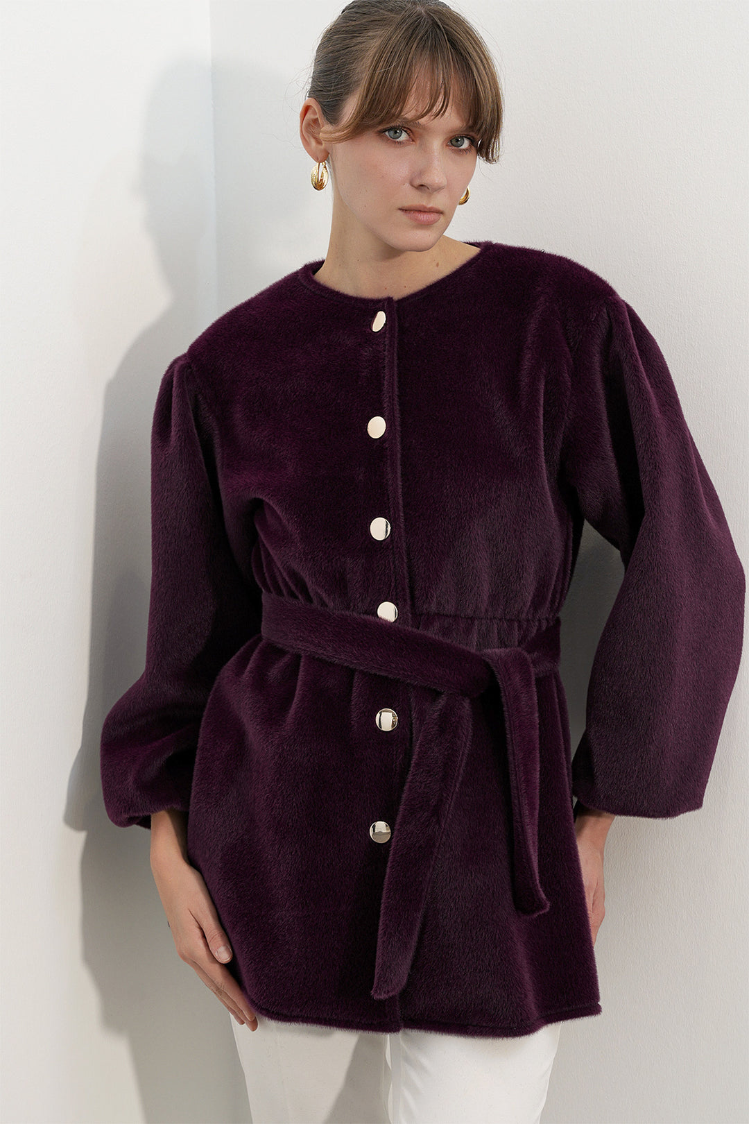 Bigdart Manteau en tissu fox ceinturé pour femme 9173 - Prune