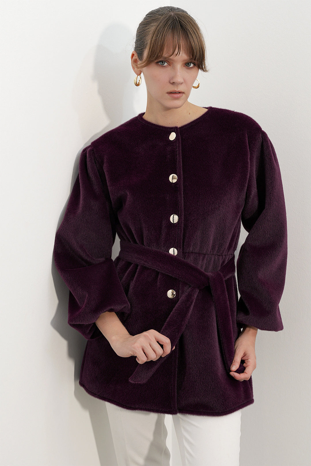 Bigdart Manteau en tissu fox ceinturé pour femme 9173 - Prune