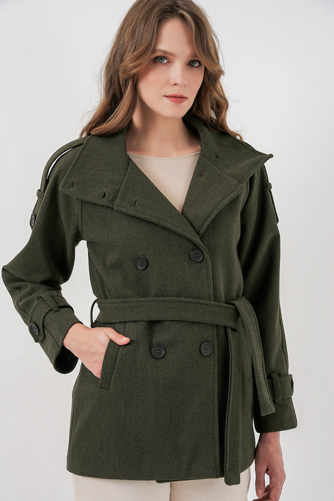 Bigdart Femme Manteau en Laine à Ceinture 9162 - Kaki