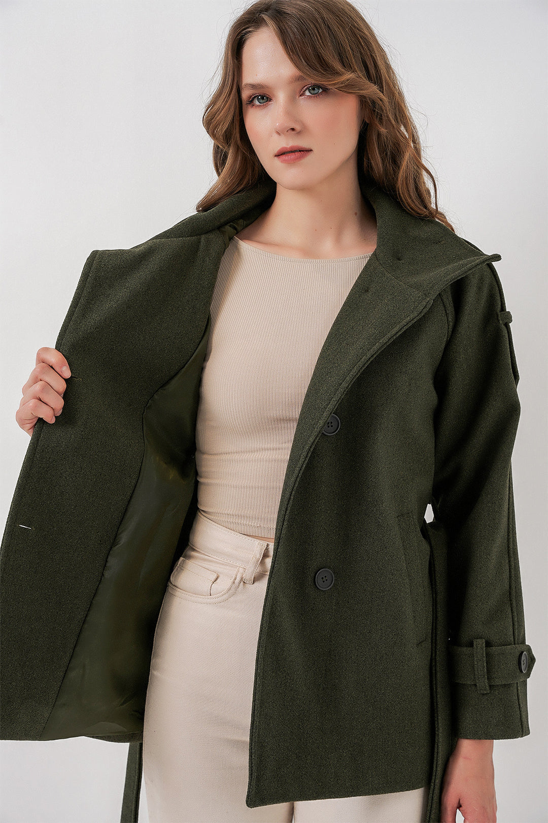 Bigdart Femme Manteau en Laine à Ceinture 9162 - Kaki