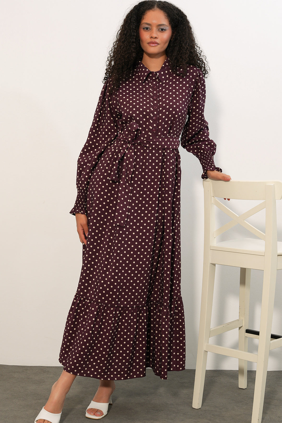Bigdart Robe de modestie à pois avec ceinture femme 2589 - A.Bordeaux