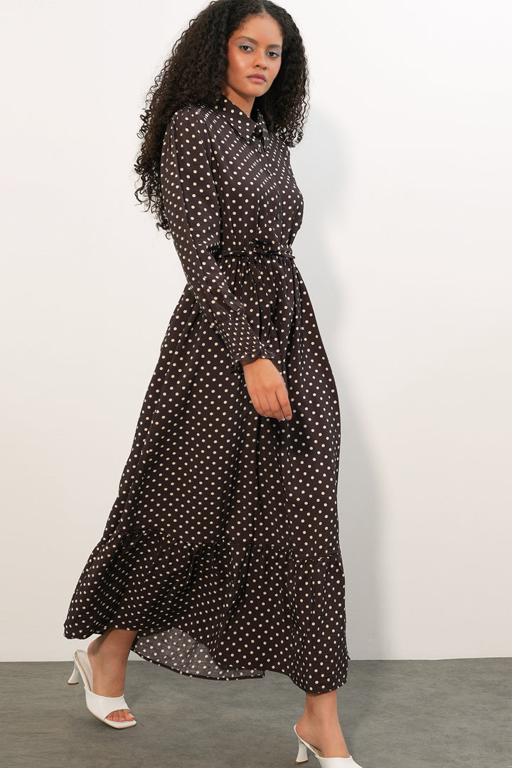 Bigdart Robe de modestie à pois avec ceinture femme 2589 - A.Marron