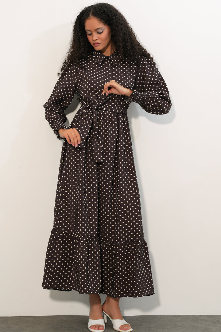 Bigdart Robe de modestie à pois avec ceinture femme 2589 - A.Marron