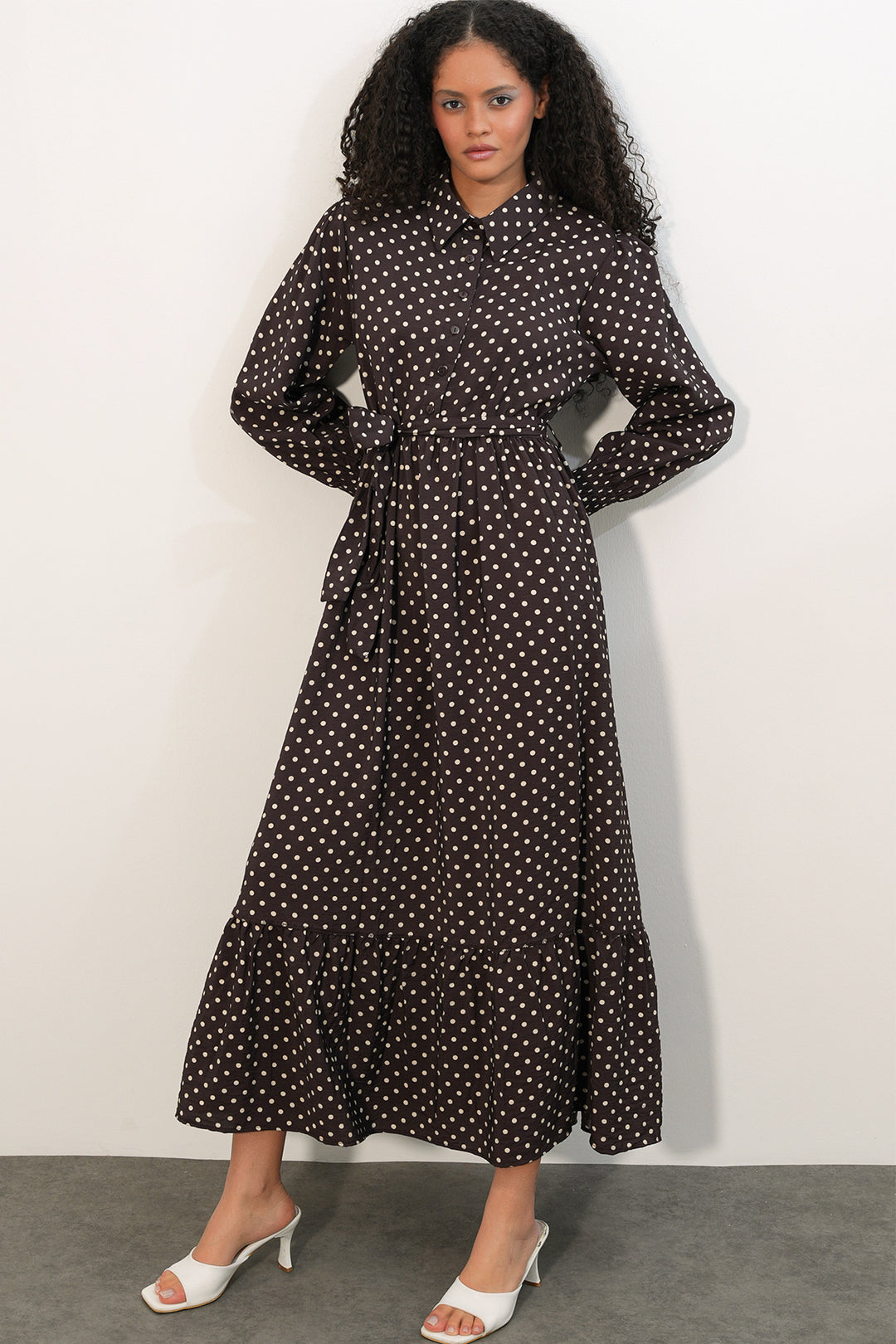 Bigdart Robe de modestie à pois avec ceinture femme 2589 - A.Marron