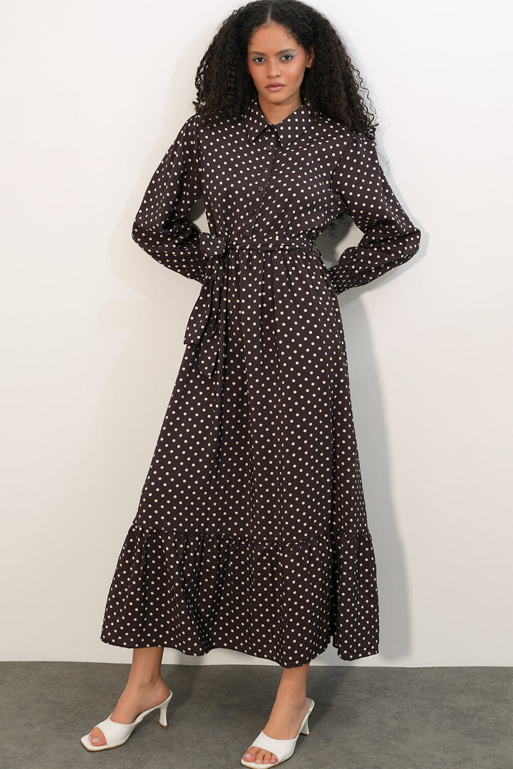 Bigdart Robe de modestie à pois avec ceinture femme 2589 - A.Marron
