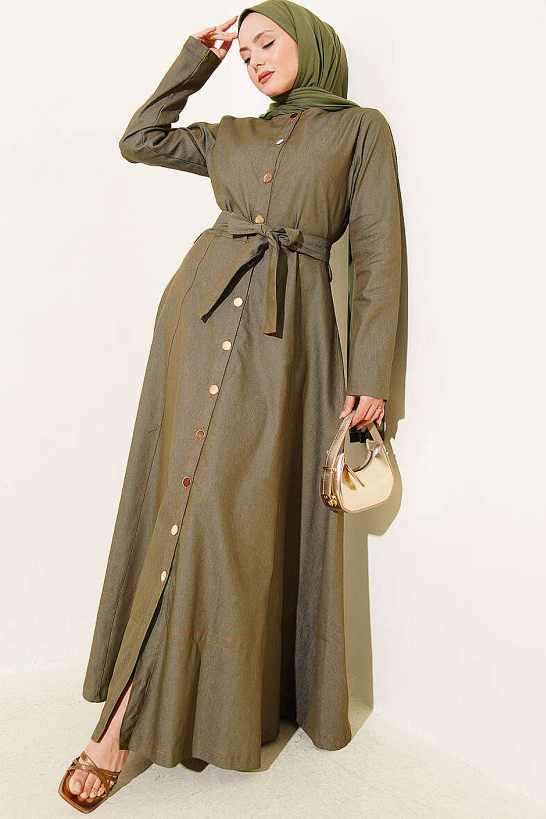 Bigdart Robe en denim longue ceinturée femme 2595 - Kaki