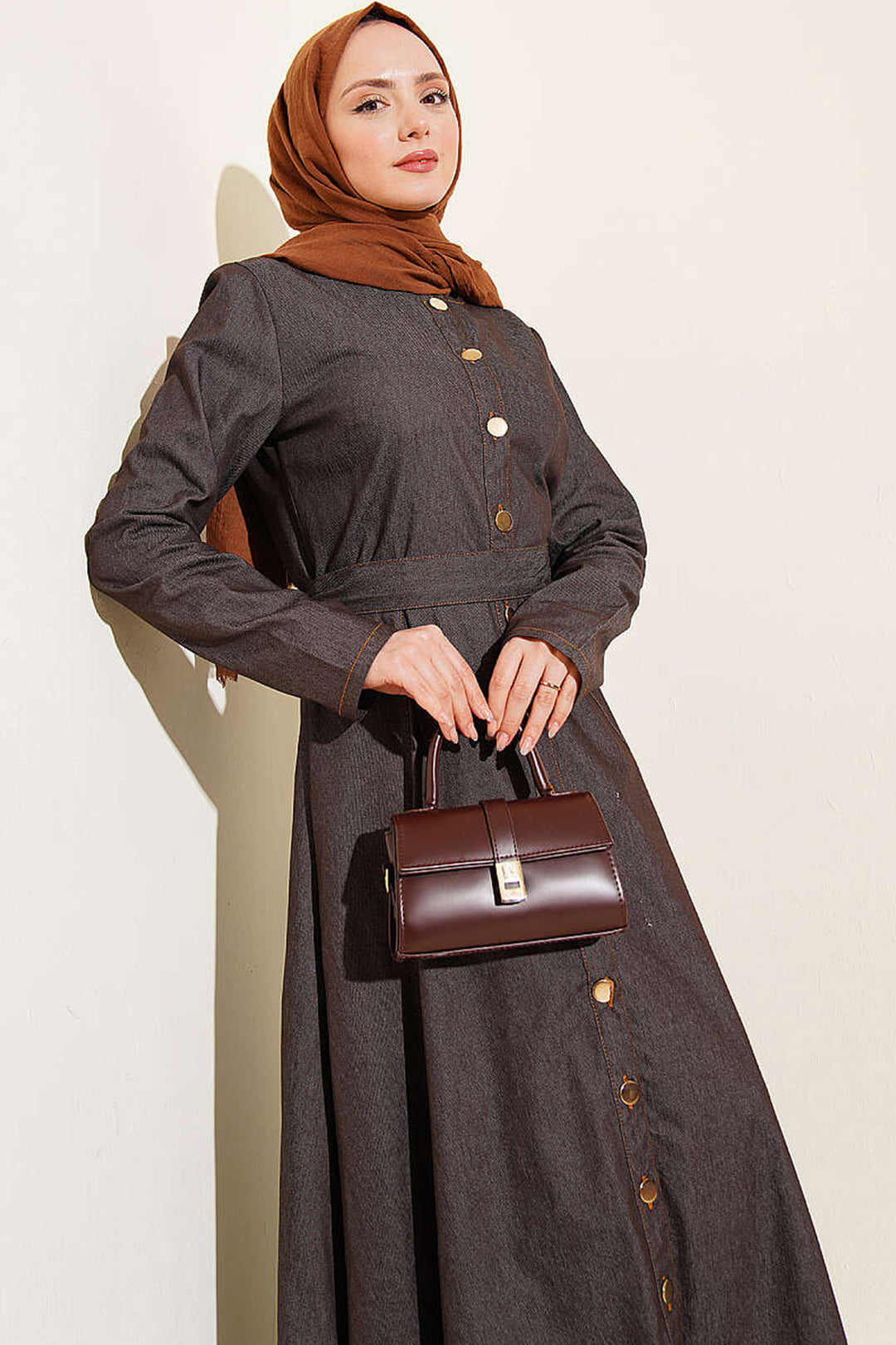 Bigdart Robe en denim longue ceinturée femme 2595 - Marron