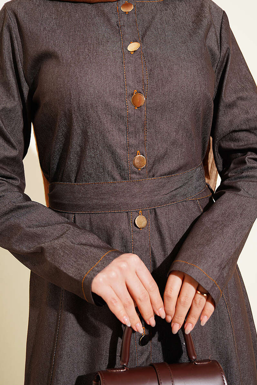 Bigdart Robe en denim longue ceinturée femme 2595 - Marron