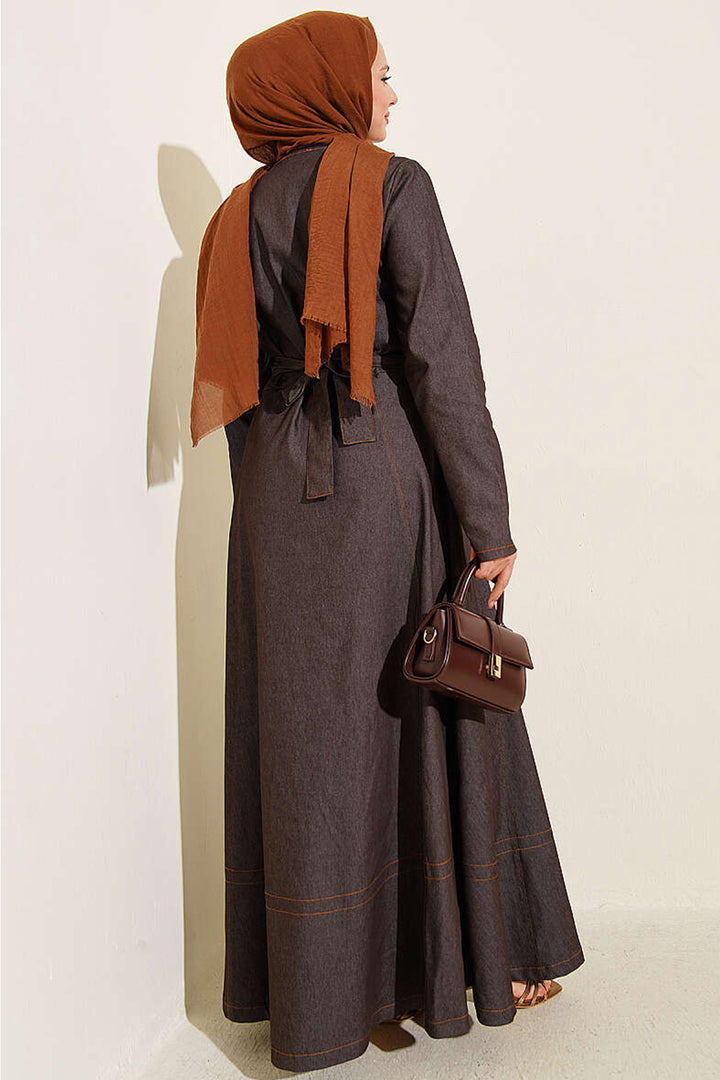 Bigdart Robe en denim longue ceinturée femme 2595 - Marron