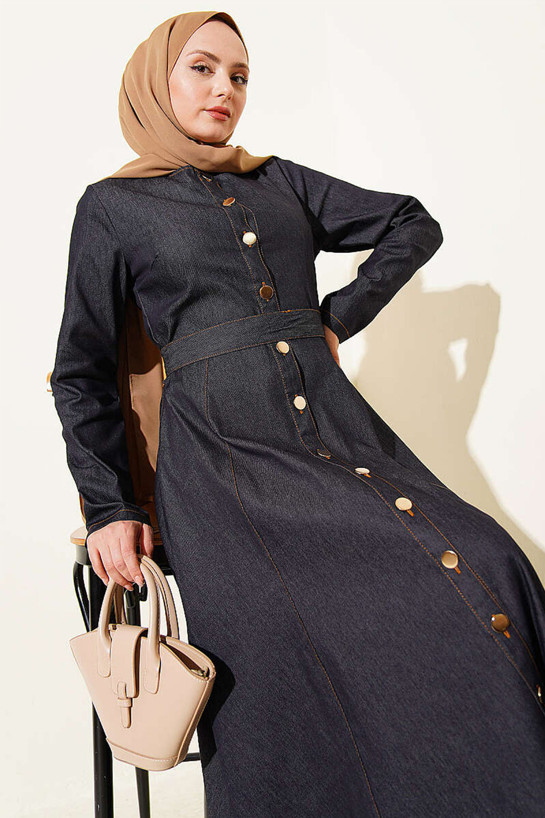 Bigdart Robe en denim longue ceinturée femme 2595 - Bleu marine