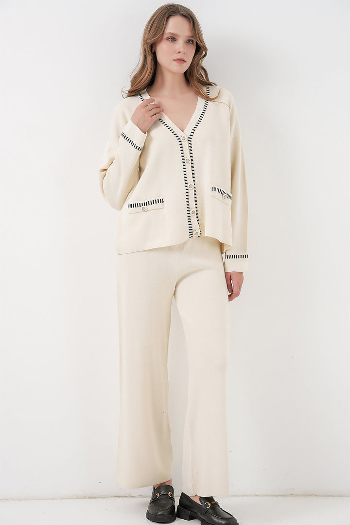 Bigdart Ensemble Tricot Cardigan avec Broderie et Pantalon pour Femmes 15963 - Écru