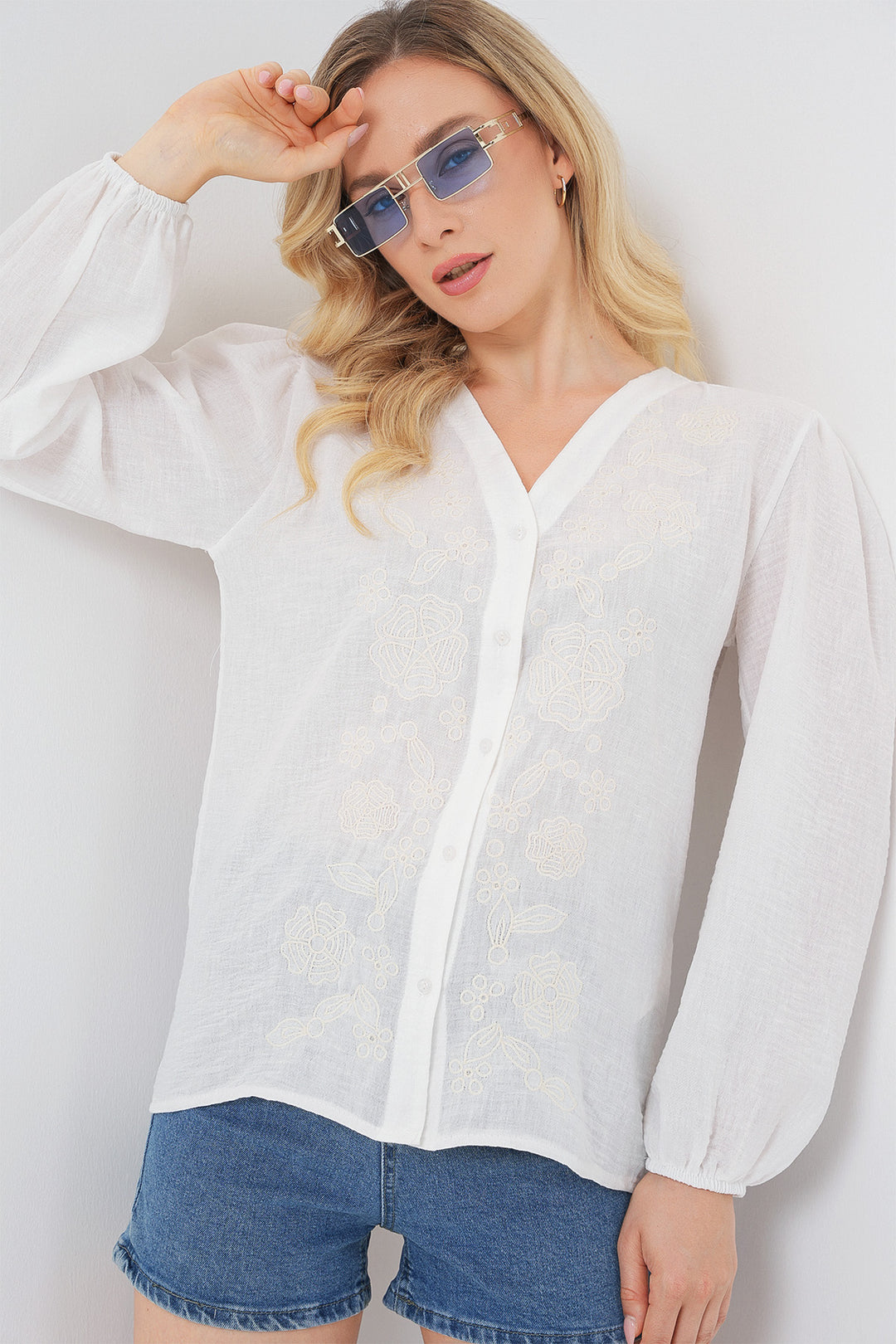 Bigdart Blouse à manches longues brodée pour femme 963 - Crème