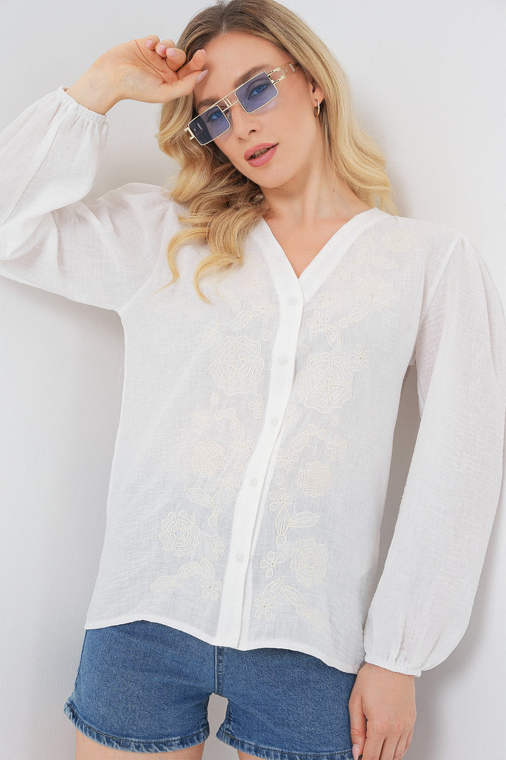 Bigdart Blouse à manches longues brodée pour femme 963 - Crème