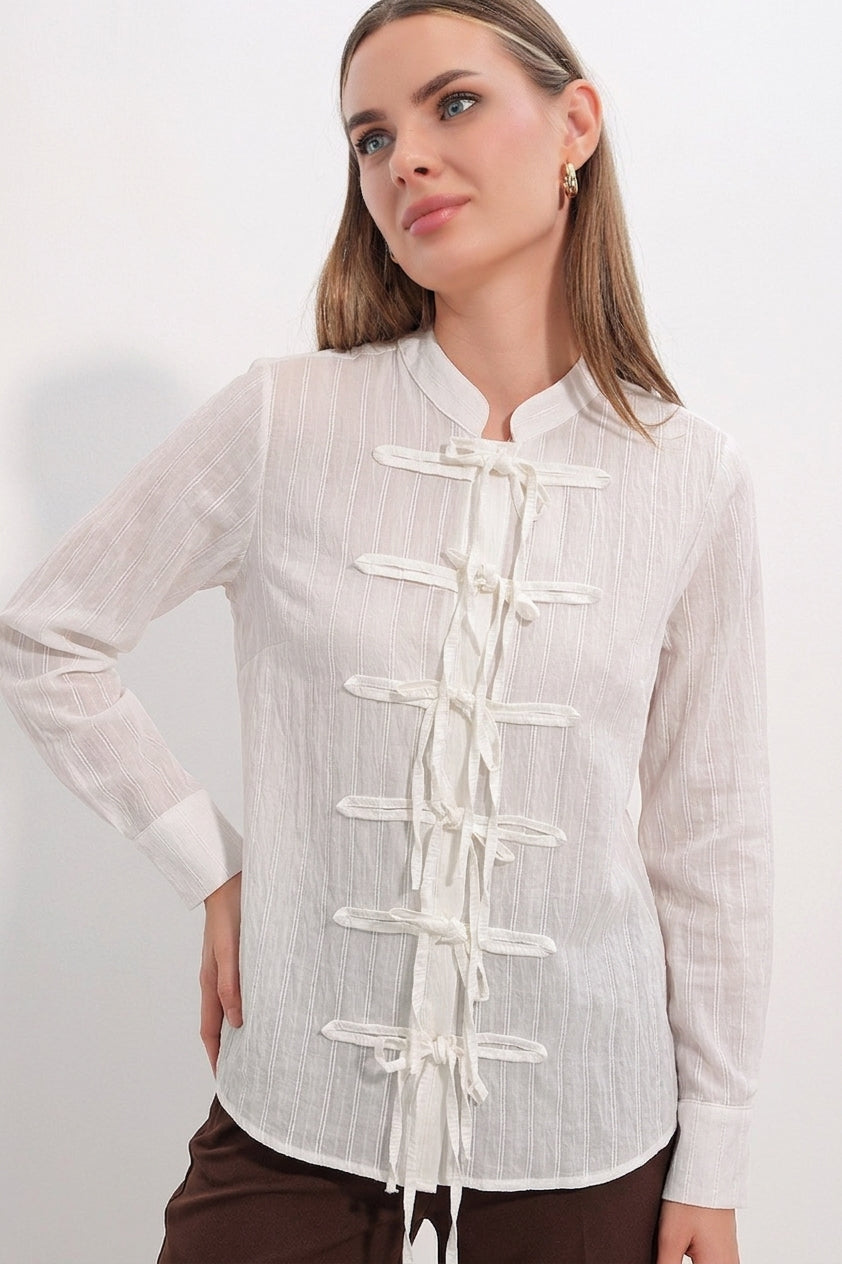 Bigdart Chemise à rayures à nouer devant pour femme 20404 - Blanc