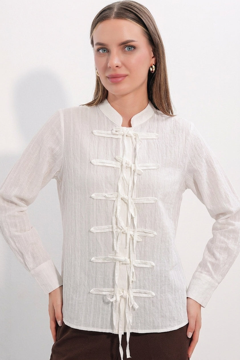 Bigdart Chemise à rayures à nouer devant pour femme 20404 - Blanc