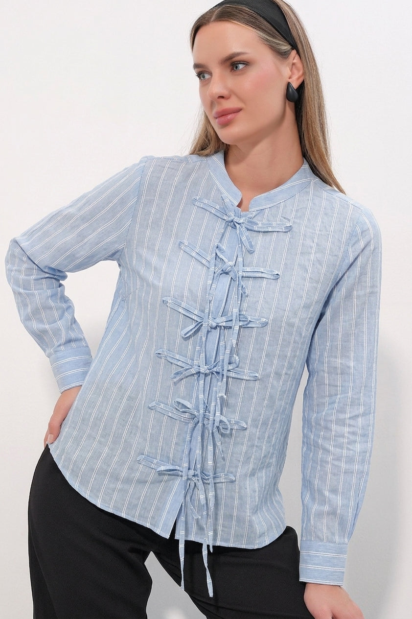 Bigdart Chemise rayée à nouer devant pour femme 20404 - Bleu