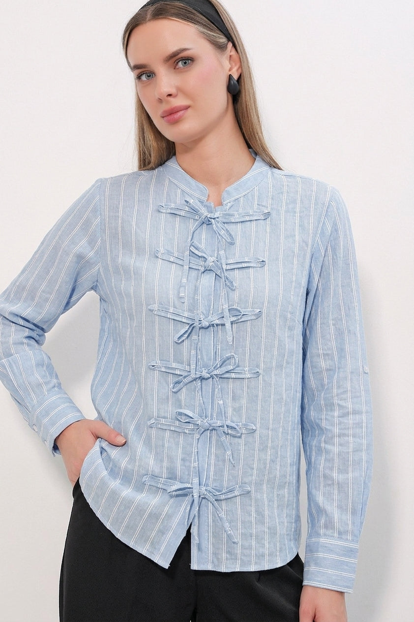 Bigdart Chemise rayée à nouer devant pour femme 20404 - Bleu