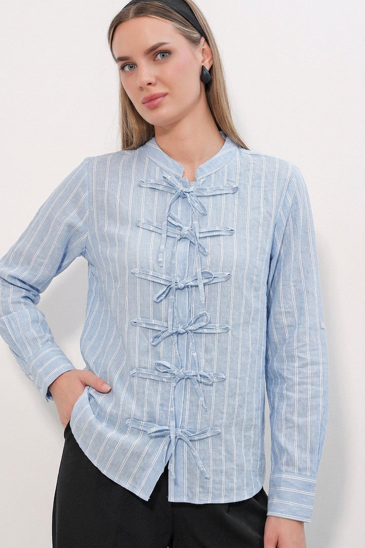 Bigdart Chemise rayée à nouer devant pour femme 20404 - Bleu