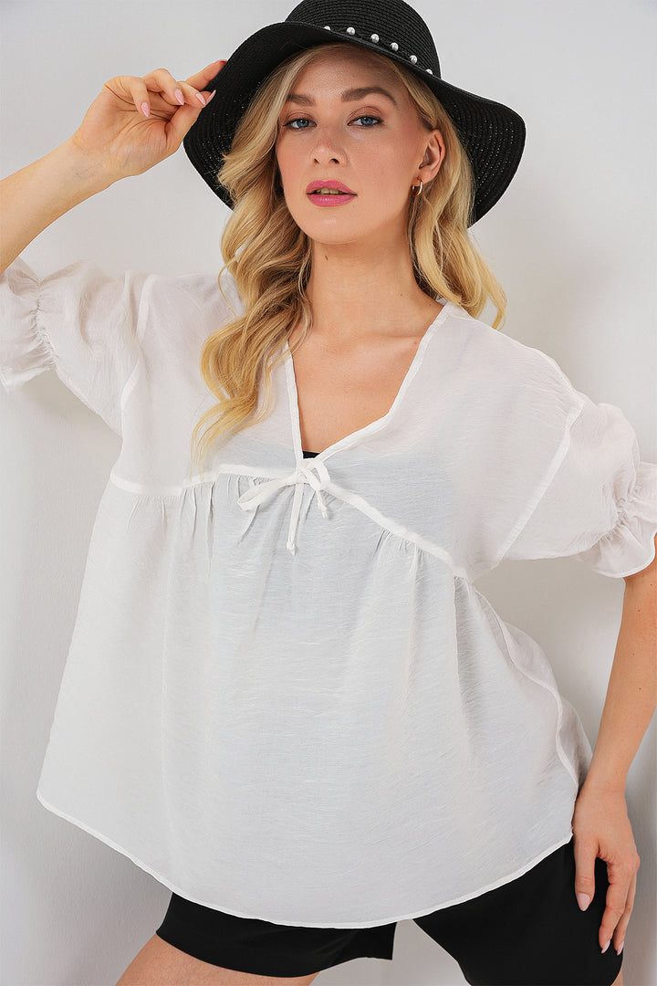 Bigdart Blouse Femme à Manches Courtes avec Lacets 962 - Blanc