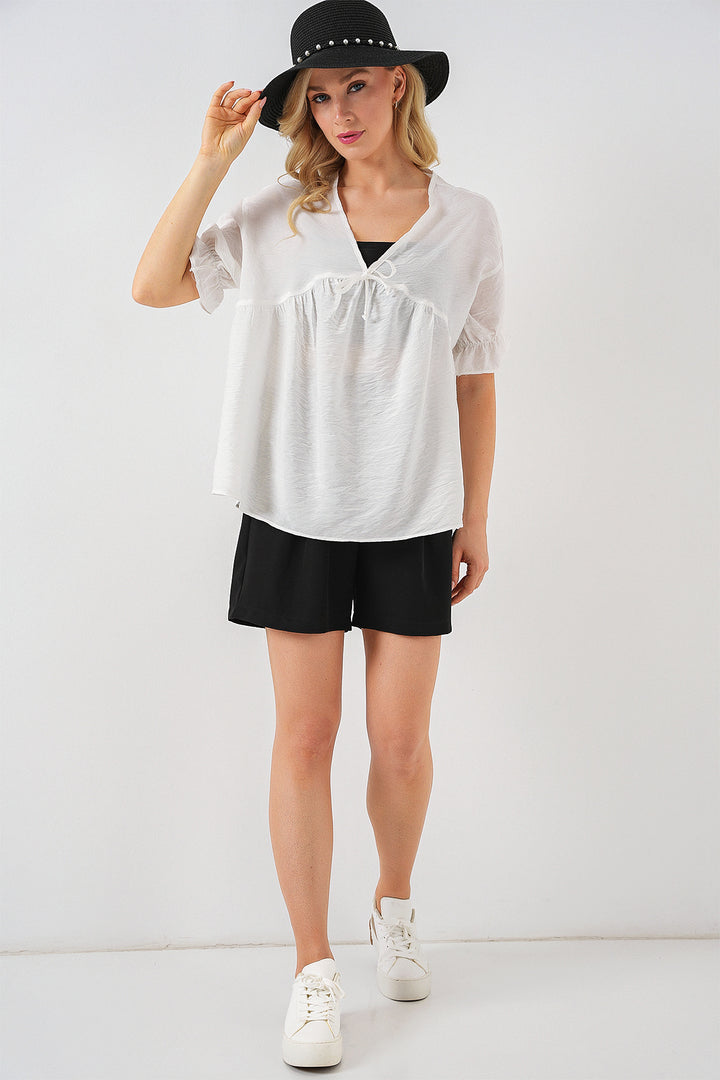 Bigdart Blouse Femme à Manches Courtes avec Lacets 962 - Blanc