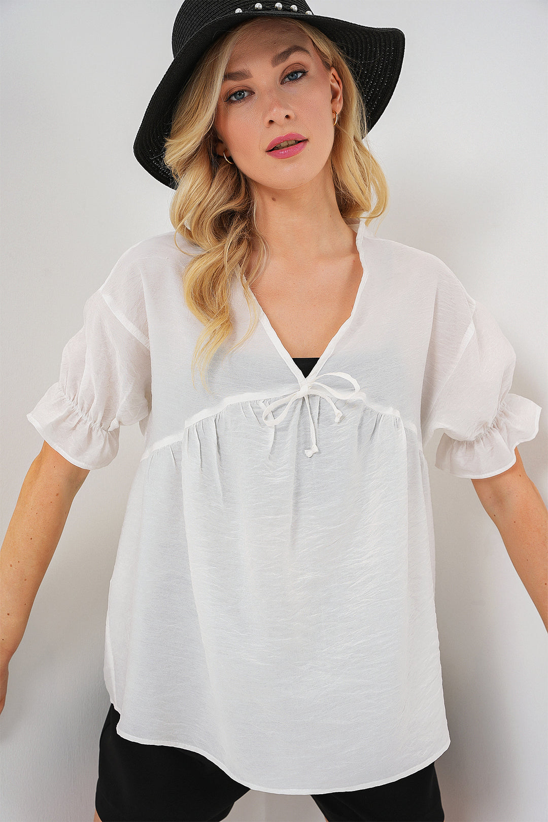 Bigdart Blouse Femme à Manches Courtes avec Lacets 962 - Blanc