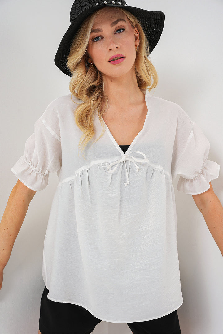 Bigdart Blouse Femme à Manches Courtes avec Lacets 962 - Blanc