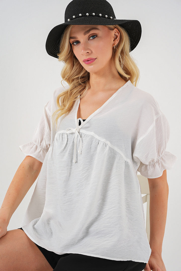 Bigdart Blouse Femme à Manches Courtes avec Lacets 962 - Blanc