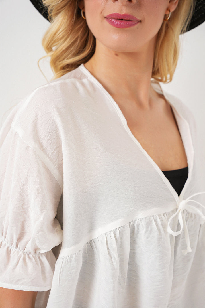 Bigdart Blouse Femme à Manches Courtes avec Lacets 962 - Blanc