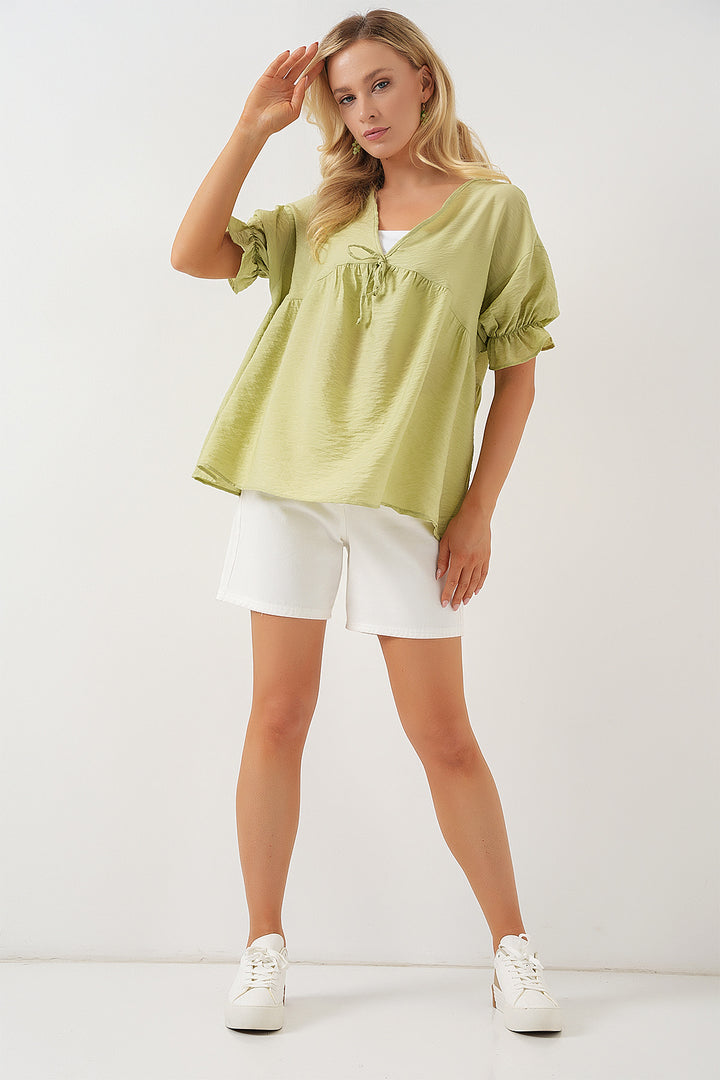 Bigdart Blouse à manches courtes à lacets pour femmes 962 - Vert d'eau