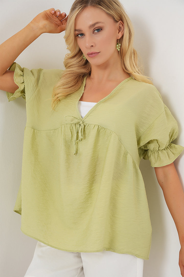 Bigdart Blouse à manches courtes à lacets pour femmes 962 - Vert d'eau