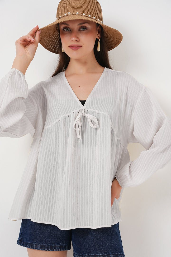 Bigdart Blouse à Manches Longues à Lacets pour Femme 946 - Blanc