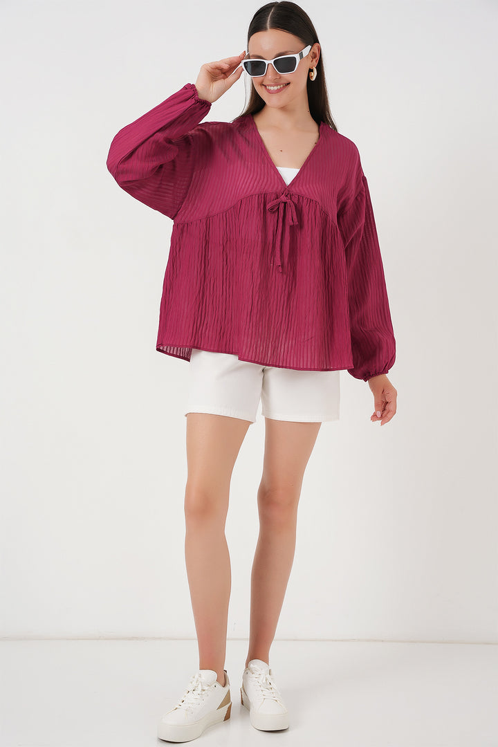Bigdart Blouse à manches longues avec lacets devant pour femme 946 - Bordeaux