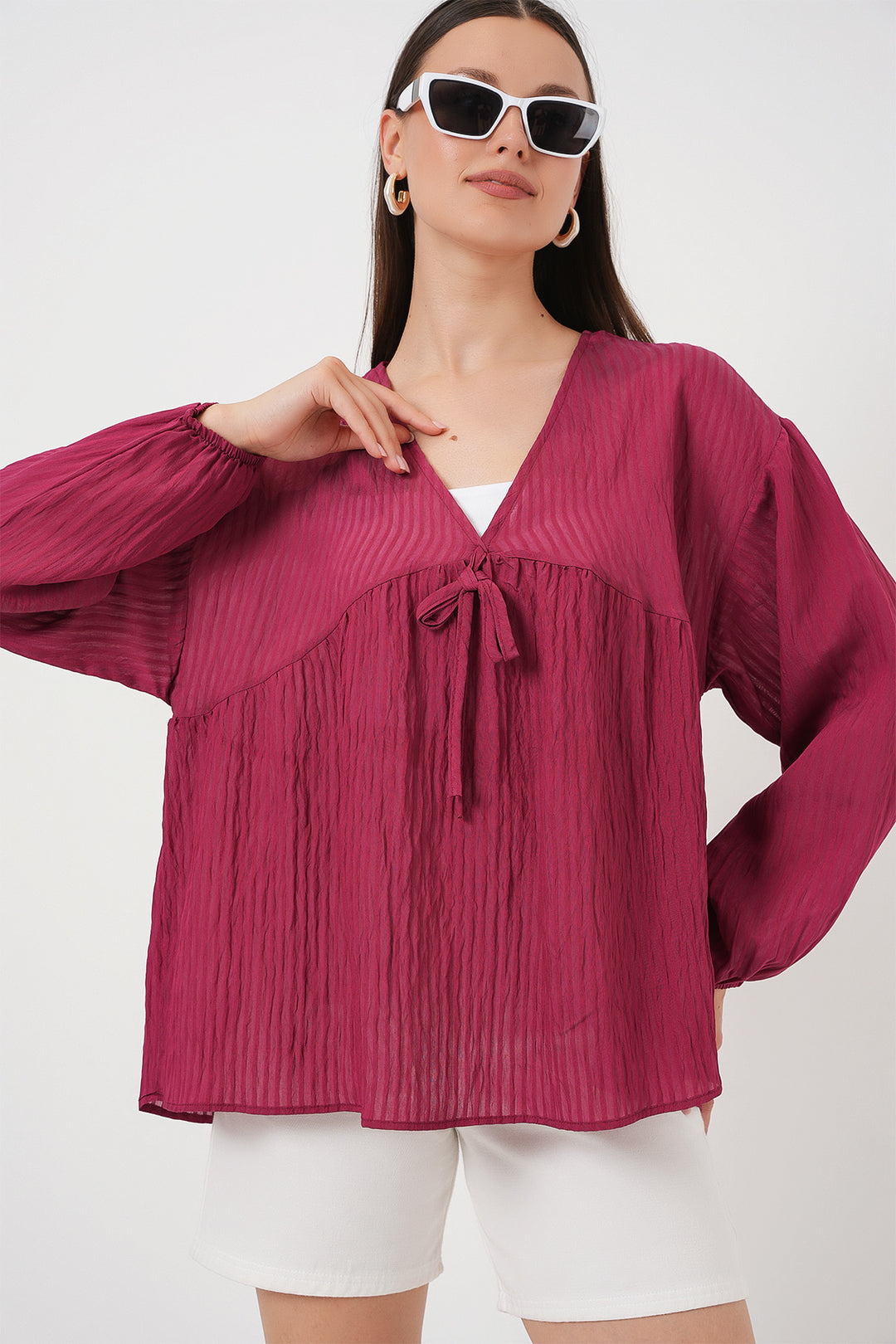 Bigdart Blouse à manches longues avec lacets devant pour femme 946 - Bordeaux